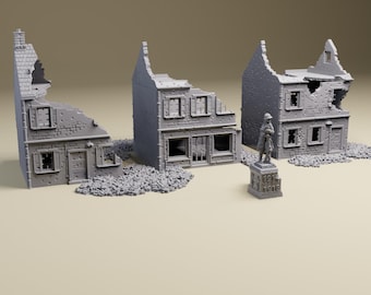 Normandy Destroyed Town Bundle | 28mm, 20mm HO or 15mm Scale | Detailed WWII tabletop wargaming terrain | Bolt Action, WW2 miniatures