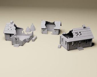 Destroyed East Front Rural Russian Village | 28mm, 20mm or 15mm Scale | Detailed WWII tabletop wargaming terrain, Bolt Action, Flames of War