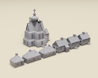 6mm Russian Rural Village Combo with Church | 1:285 scale Detailed WWII miniature tabletop wargaming terrain - GHQ, O-Group, Battletech