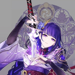 May include: A woman with long purple hair holds a sword with a white and purple glow. She is wearing a white and purple kimono with a red bow. The background is a purple and gold design.
