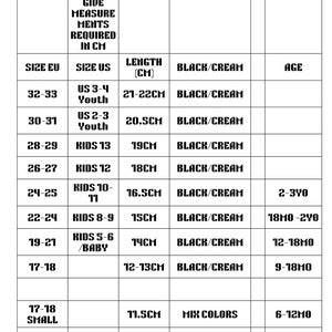 May include: Size chart for clothing with measurements in inches and centimeters. The chart shows the corresponding European and US sizes for children's clothing, along with the length in centimeters and age range. The colors available are black/cream and mix colors.