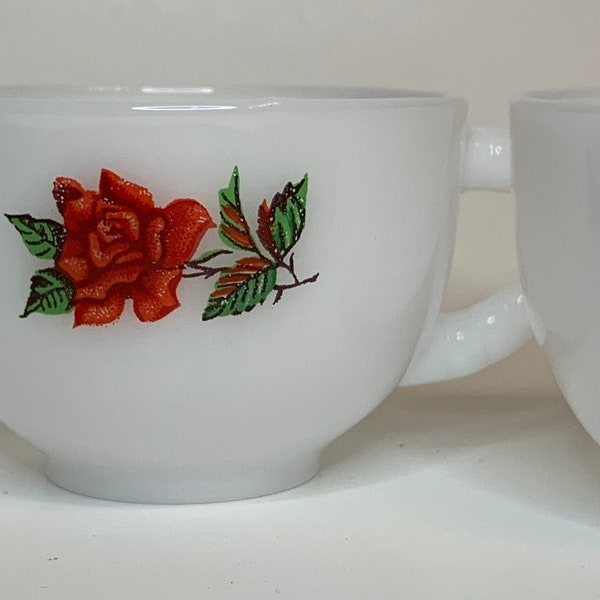 Federal Glass Company, Rosecrest, Tea Cups, Red Rose, Vintage, Milk Glass, Set of Three, Replacement