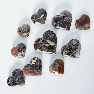 May include: A collection of ten heart-shaped polished stones with a variety of brown, gray, and yellow patterns.