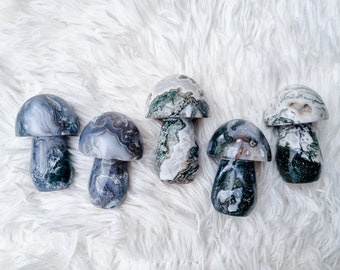 Moss Agate Large Mushroom Crystal Carving / Blue Moss / White Moss