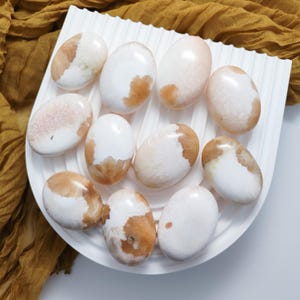 Op de afbeelding: Een verzameling van tien ovale, gepolijste stenen met witte en oranje patronen. De stenen zijn in een cirkelvormige opstelling op een wit oppervlak geplaatst.