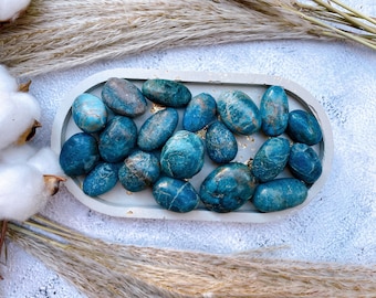 Puede incluir: Una colección de piedras de apatita azul pulidas en un plato ovalado blanco. Las piedras son lisas y tienen un color azul claro con vetas blancas.