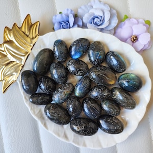 May include: A collection of 18 smooth, oval-shaped labradorite stones in shades of black and blue, arranged in a white ceramic dish with a gold pineapple design.