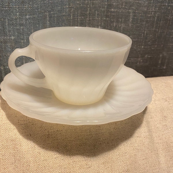 Vtg Anchor Hocking Suburbia Demitasse Tea Cup & Saucer Set or Single Cup- Shell with Scalloped Edge Milk Glass