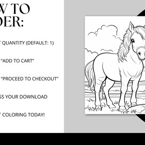A digital product display featuring 42 printable horse coloring pages. The preview showcases detailed black-and-white illustrations of majestic horses, playful ponies, and cowgirls in various scenic settings. The design highlights the product’s instant download, easy printing, and high-quality line art for all ages. Perfect for horse lovers, kids, and adults seeking a fun and relaxing coloring activity.