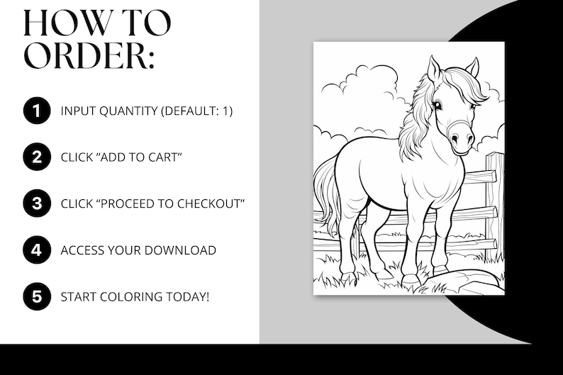 A digital product display featuring 42 printable horse coloring pages. The preview showcases detailed black-and-white illustrations of majestic horses, playful ponies, and cowgirls in various scenic settings. The design highlights the product’s instant download, easy printing, and high-quality line art for all ages. Perfect for horse lovers, kids, and adults seeking a fun and relaxing coloring activity.