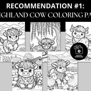 36 Highland cow coloring pages. Instant Download. Perfect for kid and adult coloring. Perfect for stress relief. These cute cows are in a variety of poses in outdoor scenes, under trees, on hills, playing in the grass, and more.