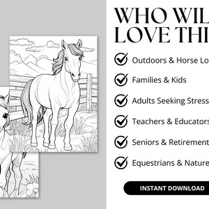 A digital product display featuring 42 printable horse coloring pages. The preview showcases detailed black-and-white illustrations of majestic horses, playful ponies, and cowgirls in various scenic settings. The design highlights the product’s instant download, easy printing, and high-quality line art for all ages. Perfect for horse lovers, kids, and adults seeking a fun and relaxing coloring activity.