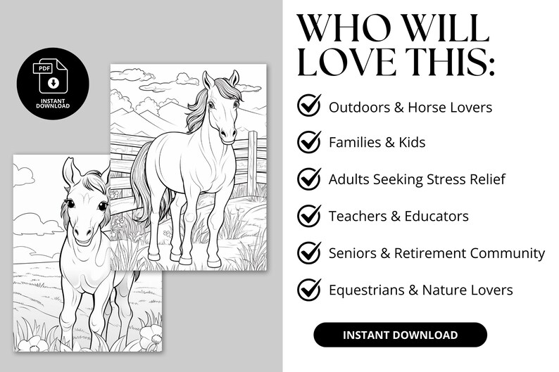 A digital product display featuring 42 printable horse coloring pages. The preview showcases detailed black-and-white illustrations of majestic horses, playful ponies, and cowgirls in various scenic settings. The design highlights the product’s instant download, easy printing, and high-quality line art for all ages. Perfect for horse lovers, kids, and adults seeking a fun and relaxing coloring activity.