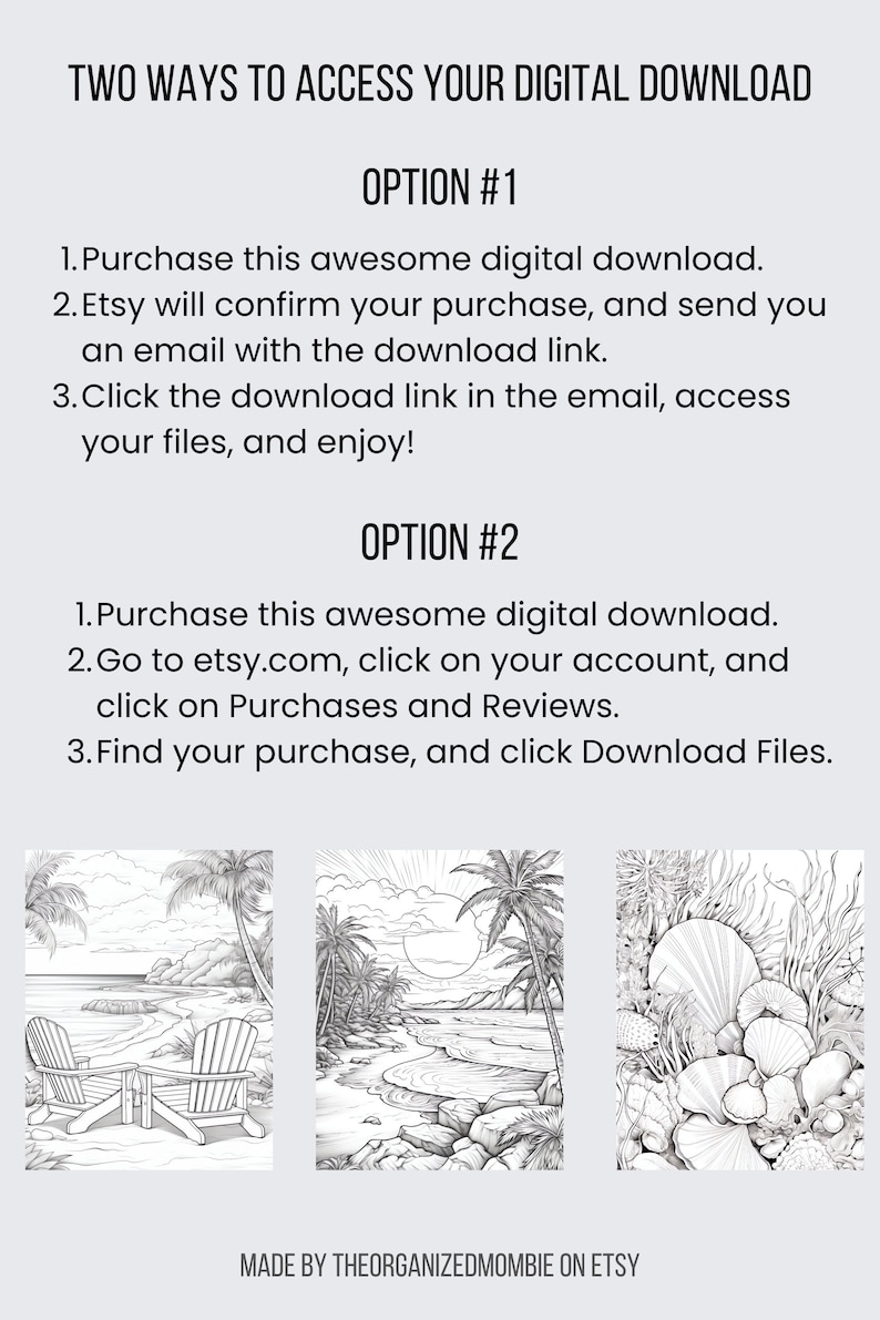 May include: Two ways to access your digital download. Option 1: Purchase the download and receive an email with a link. Option 2: Go to Etsy.com, click on your account, and click on Purchases and Reviews. Find your purchase and click Download Files.  Black and white illustrations of beach scenes.