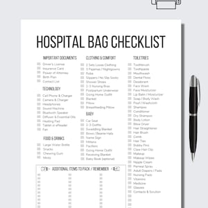 May include: A printable checklist for packing a hospital bag. The checklist is divided into three sections: Important Documents, Clothing & Comfort, and Toiletries. The checklist includes items such as driver's license, insurance card, power of attorney, birth plan, contact list, cell phone and charger, camera and charger, headphones, sound machine, bluetooth speaker, diffuser and essential oils, heating pad, tablet or eReader, fan, large water bottle, snacks, chewing gum, mints, 2 sets loose clothing, 3 pajamas/nightgowns, robe, slippers/no slip socks, shower shoes, 2-3 nursing bras, postpartum underwear, going home outfit, blanket, breastfeeding pillow, car seat, 2-3 outfits, swaddling blanket, bows/beanie hats, name sign, mittens, pacifiers, going home outfit, receiving blanket, baby book (optional), toothbrush, toothpaste, mouthwash, dental floss, deodorant, face wash, face moisturizer, lip balm/moisturizer, soap/body wash, pouf/washcloth, shampoo, conditioner, dry shampoo, body lotion, blow dryer, hair straightener, hair brush, comb, hair ties, bobby pins, claw hair clip, makeup, makeup wipes, nipple cream, perneal spray, adult diapers/pads, nursing pads, vitamins, medicine, glasses, contacts & solution.