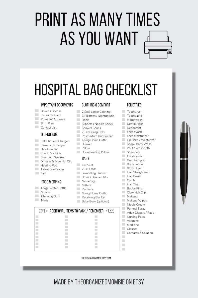 Hospital Bag Checklist Printable Hospital Bag List Instant Download New Baby Hospital Bag For Mom Baby Shower Gift Labor And Delivery List image 5