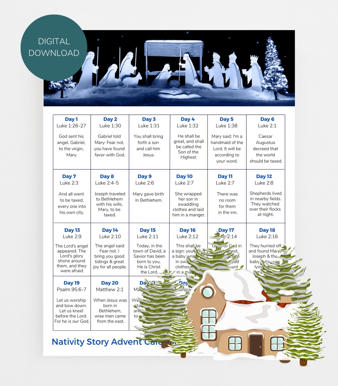 Advent Calendar Nativity Story Printable Instant Download Jesus is King