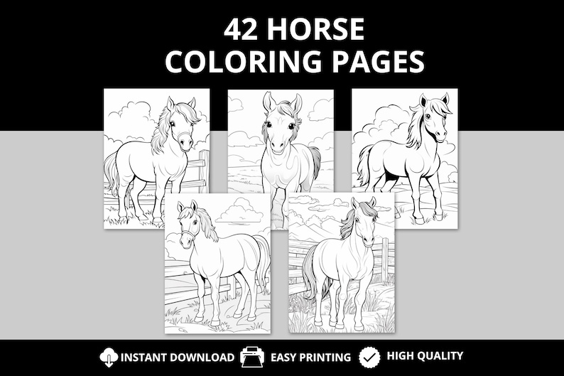 A digital product display featuring 42 printable horse coloring pages. The preview showcases detailed black-and-white illustrations of majestic horses, playful ponies, and cowgirls in various scenic settings. The design highlights the product’s instant download, easy printing, and high-quality line art for all ages. Perfect for horse lovers, kids, and adults seeking a fun and relaxing coloring activity.