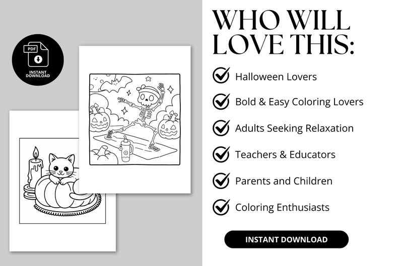 This set of 38 Spooky Cute Halloween Coloring Pages is a printable collection designed for kids and adults who love festive seasonal fun. The coloring pages feature charming Halloween illustrations, including smiling ghosts, playful skeletons, cute black cats, cozy pumpkins, and other spooky-yet-cute designs. Each page is created with bold, easy-to-color outlines, making it perfect for younger children as well as adults who enjoy relaxing, stress-free coloring activities.