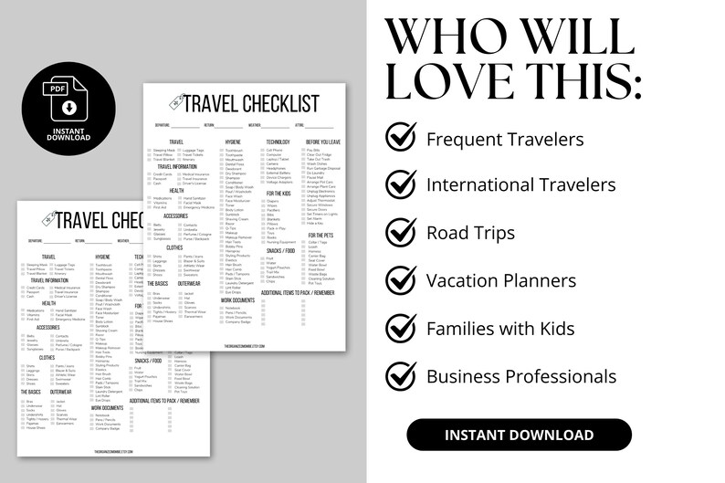 This printable travel checklist is perfect for frequent travelers, international travelers, road trips, vacation planners, families with kids, and business professionals. This travel checklist is a comprehensive packing guide to prevent stress.