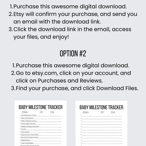 Op de afbeelding: Twee manieren om toegang te krijgen tot uw digitale download. Koop deze geweldige digitale download. Etsy bevestigt uw aankoop en stuurt u een e-mail met de downloadlink. Klik op de downloadlink in de e-mail, open uw bestanden en geniet ervan! Of ga naar etsy.com, klik op uw account en klik op Aankopen en beoordelingen. Zoek uw aankoop en klik op Downloaden. Baby Milestone Tracker printbare checklist met kolommen voor mijlpalen, datum en notities.