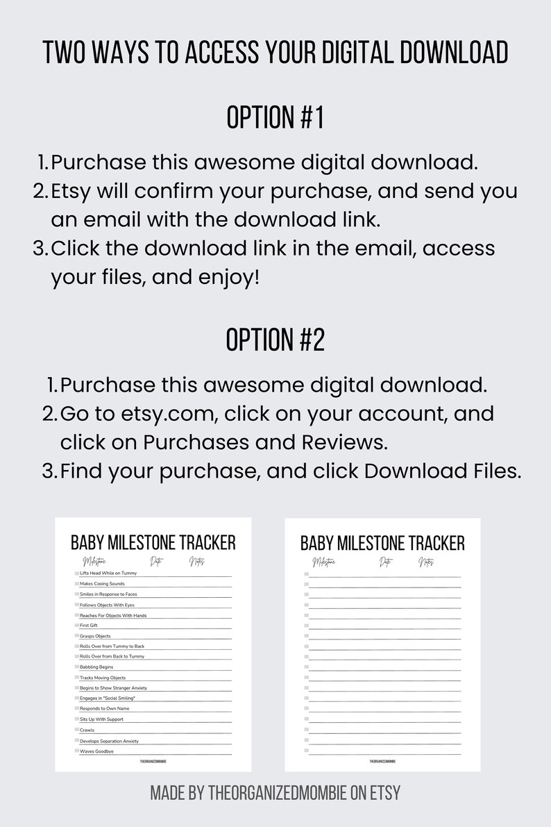 Op de afbeelding: Twee manieren om toegang te krijgen tot uw digitale download. Koop deze geweldige digitale download. Etsy bevestigt uw aankoop en stuurt u een e-mail met de downloadlink. Klik op de downloadlink in de e-mail, open uw bestanden en geniet ervan! Of ga naar etsy.com, klik op uw account en klik op Aankopen en beoordelingen. Zoek uw aankoop en klik op Downloaden. Baby Milestone Tracker printbare checklist met kolommen voor mijlpalen, datum en notities.