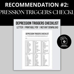 Printable depression triggers checklist available for instant download. Track depression symptoms across multiple categories: life changes, relationships, stress and pressure, social and peer, self and identity, and health and wellness.