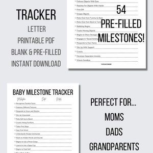 Op de afbeelding: Een printbare baby-mijlpaaltracker met een zwart-wit ontwerp. De tracker bevat een lijst met 54 mijlpalen, met ruimte voor datum en notities. De tekst "54 Voorgevulde Mijlpalen!" staat in groot, vetgedrukt lettertype. De tekst "Perfect voor... Moeders, Vaders, Grootouders, Doktersafspraken." is ook inbegrepen.