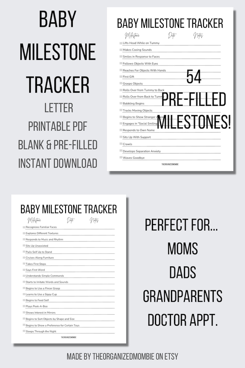 Op de afbeelding: Een printbare baby-mijlpaaltracker met een zwart-wit ontwerp. De tracker bevat een lijst met 54 mijlpalen, met ruimte voor datum en notities. De tekst "54 Voorgevulde Mijlpalen!" staat in groot, vetgedrukt lettertype. De tekst "Perfect voor... Moeders, Vaders, Grootouders, Doktersafspraken." is ook inbegrepen.