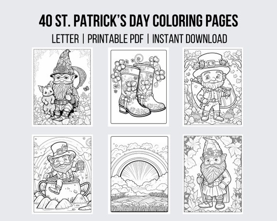 40 St. Patrick's Day Coloring Pages Leprechaun Coloring Shamrock Coloring Gnome Coloring Page Grayscale Coloring Instant Download