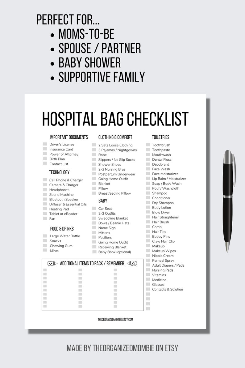 Hospital Bag Checklist Printable Hospital Bag List Instant Download New