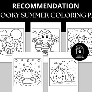 Set of 30 spooky summer coloring pages featuring playful Halloween-meets-summer scenes like skeletons at the beach, ghosts with ice cream, jack-o’-lanterns in pool floats, haunted surfboards, and witches on vacation. Bold, easy-to-color designs suitable for kids and adults. Great for Summerween parties, rainy days, classroom crafts, or anytime creative fun with a spooky twist.