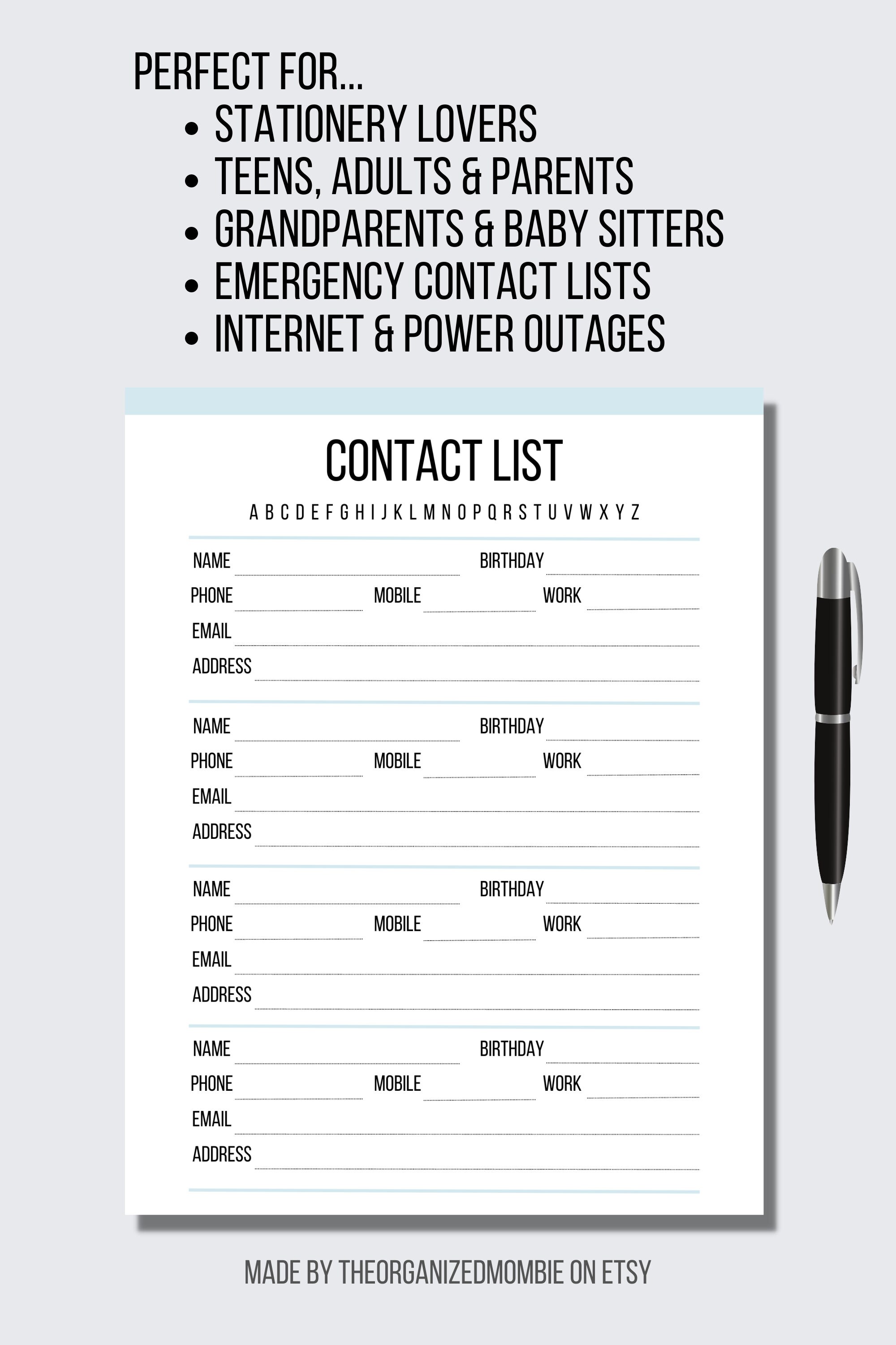 Printable Contact List Address Book PDF Phone Book Client Contact ...
