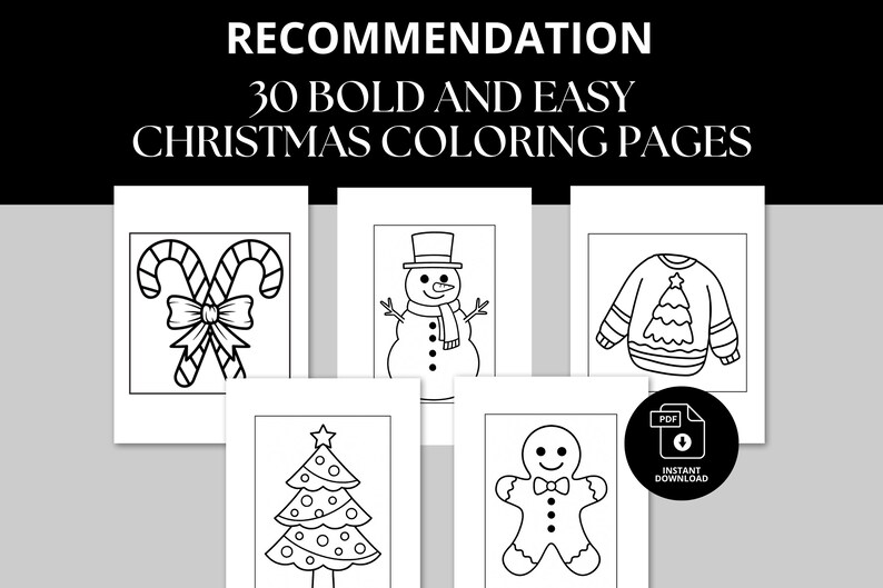 Set of 30 bold and easy Christmas coloring pages with simple, festive holiday designs such as Christmas trees, candy canes, gingerbread cookies, snowmen, ornaments, stockings, sweaters, and holiday decorations. Perfect for kids, toddlers, seniors, and adults who enjoy simple outlines and stress-free coloring. Great for classrooms, holiday crafts, family activities, or relaxing during the Christmas season. Instant digital download for unlimited use.