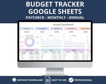 May include: A computer monitor displays a Google Sheets budget tracker. The screen shows an annual dashboard with charts and tables for income, expenses, and savings. Text at the top reads "Budget Tracker Google Sheets Paycheck - Monthly - Annual."