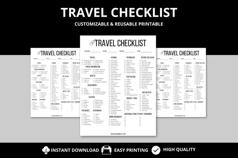 A printable travel checklist designed to keep your packing organized for vacations, business trips, road trips, and family travel. Includes sections for clothing, toiletries, travel documents, and pre-trip tasks. A must-have for travelers.