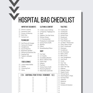 May include: A printable checklist for packing a hospital bag. The checklist is divided into sections for important documents, clothing and comfort, toiletries, technology, food and drinks, baby items, and additional items to pack. The checklist is designed to be hole punched and includes a space for additional notes.