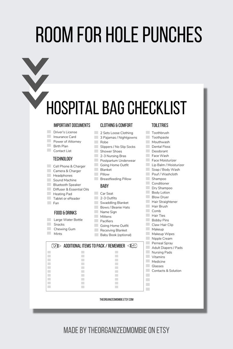 May include: A printable checklist for packing a hospital bag. The checklist is divided into sections for important documents, clothing and comfort, toiletries, technology, food and drinks, baby items, and additional items to pack. The checklist is designed to be hole punched and includes a space for additional notes.