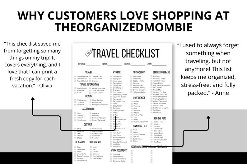 A printable travel checklist designed to keep your packing organized for vacations, business trips, road trips, and family travel. Includes sections for clothing, toiletries, travel documents, and pre-trip tasks. A must-have for travelers.
