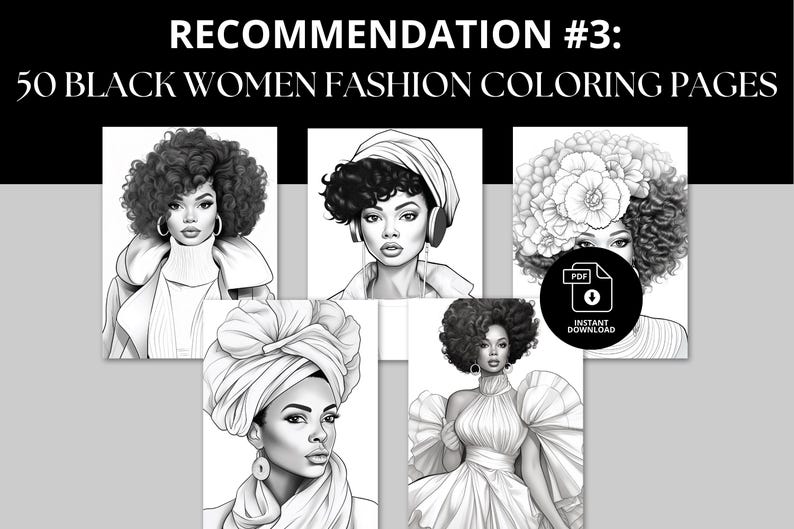 50 Black Women Fashion Coloring Pages. Instant Download.