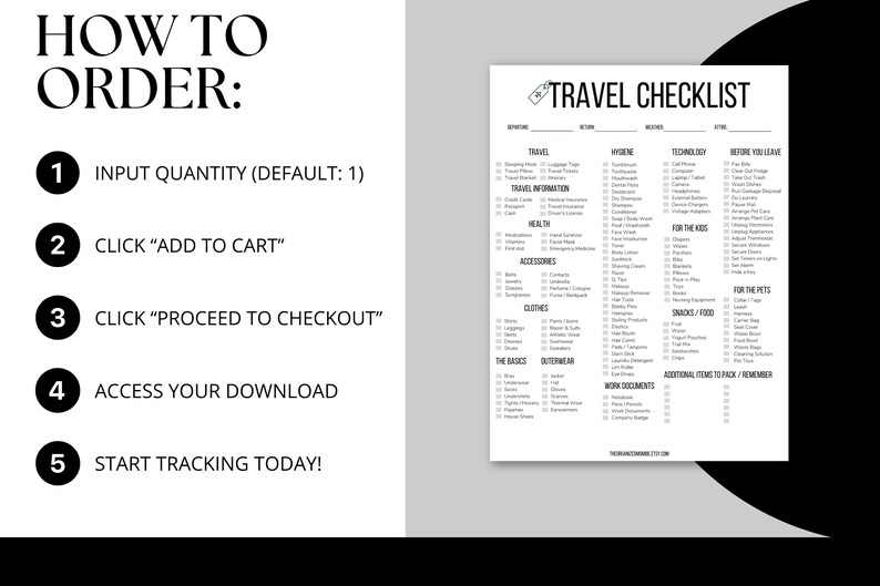 A printable travel checklist designed to keep your packing organized for vacations, business trips, road trips, and family travel. Includes sections for clothing, toiletries, travel documents, and pre-trip tasks. A must-have for travelers.