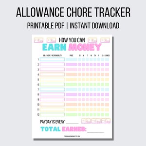 How To Earn Money Allowance Chore Chart for Kids Printable Chore Chart for Kids Responsibility Chart for Kids PDF Digital Download