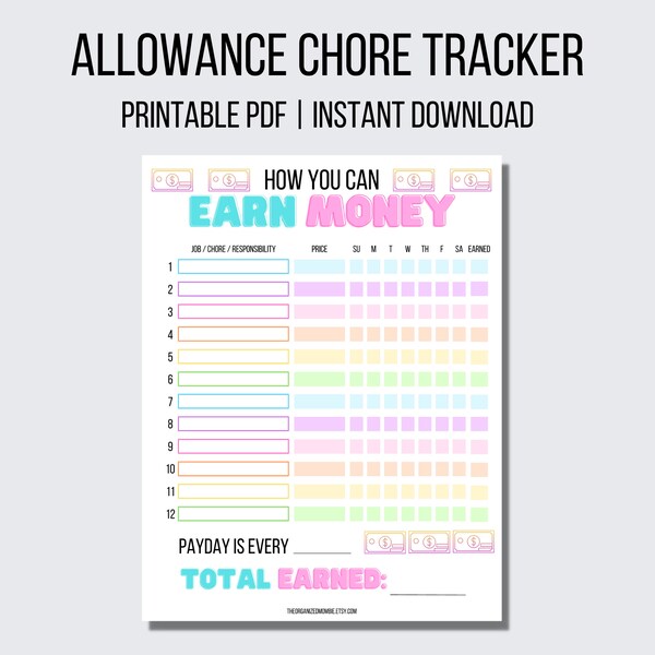 How To Earn Money Allowance Chore Chart for Kids Printable Chore Chart for Kids Responsibility Chart for Kids PDF Digital Download