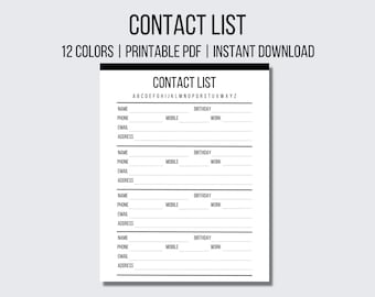 Printable Contact List Address Book PDF Phone Book Client Contact Information PDF Instant Download A4 A5 Letter Size PDF Address Printable