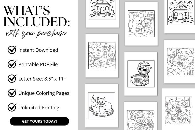 This set of 38 Spooky Cute Halloween Coloring Pages is a printable collection designed for kids and adults who love festive seasonal fun. The coloring pages feature charming Halloween illustrations, including smiling ghosts, playful skeletons, cute black cats, cozy pumpkins, and other spooky-yet-cute designs. Each page is created with bold, easy-to-color outlines, making it perfect for younger children as well as adults who enjoy relaxing, stress-free coloring activities.