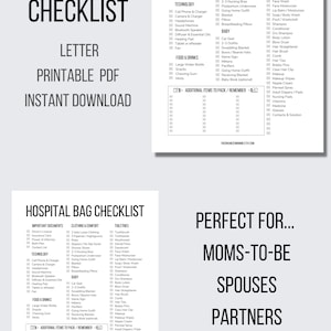 May include: A printable hospital bag checklist with a black and white design. The checklist includes sections for important documents, clothing and comfort, toiletries, food and drinks, and additional items to pack. The checklist is perfect for moms-to-be, spouses, partners, and family.