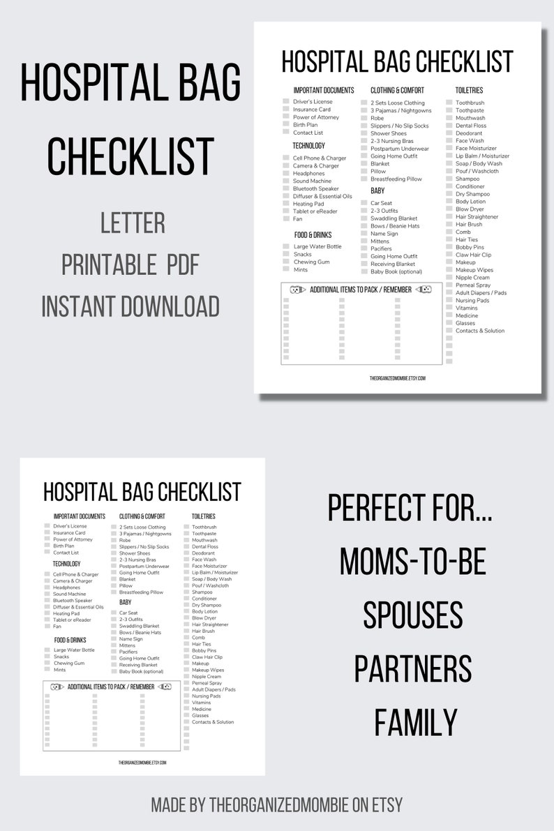 May include: A printable hospital bag checklist with a black and white design. The checklist includes sections for important documents, clothing and comfort, toiletries, food and drinks, and additional items to pack. The checklist is perfect for moms-to-be, spouses, partners, and family.