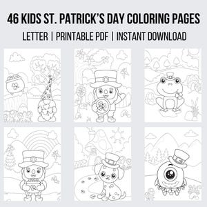 May include: A set of six black and white coloring pages featuring St. Patrick's Day themed characters. The characters include a leprechaun, a frog, a gnome, a dog, a monster, and a pot of gold. The coloring pages are perfect for kids of all ages.