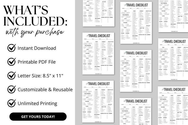 A printable travel checklist designed to keep your packing organized for vacations, business trips, road trips, and family travel. Includes sections for clothing, toiletries, travel documents, and pre-trip tasks. A must-have for travelers.