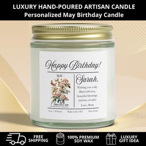 Personalized May Birthday Candle Unique Birth Month Scented Soy Candle May Birthday Gifts For Her May Birth Month Candle Birth Flower Candle